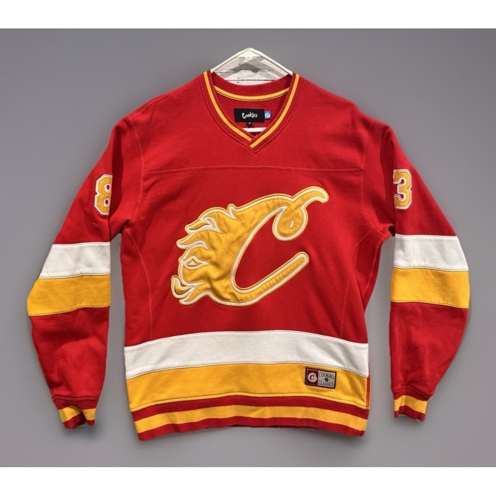 COOKIES SF Mens Jersey Sweater M Calgary Flames Flip Sweatshirt Red W SM FLAW